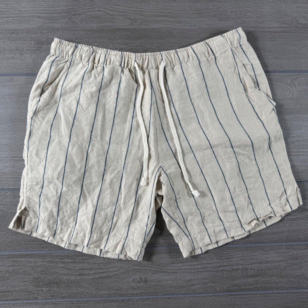 Alex Crane Mens Bo Shorts Medium Linen Striped Drawstring Beige Navy Blue